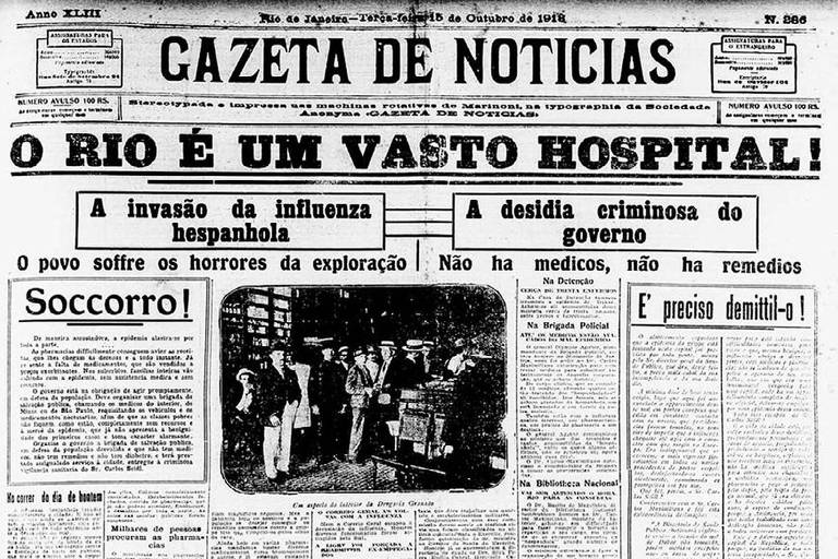 Gazeta de Notícias, 15 de outubro de 1918, noticia os efeitos da "gripe espanhola" no Rio de Janeiro