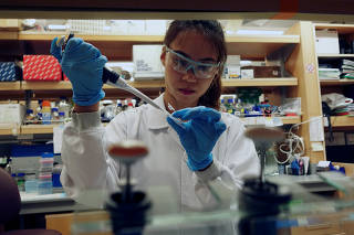 A researcher works in a lab at the Duke-NUS Medical School, which is developing a way to track genetic changes that speed testing of vaccines against the coronavirus disease (COVID-19), in Singapore