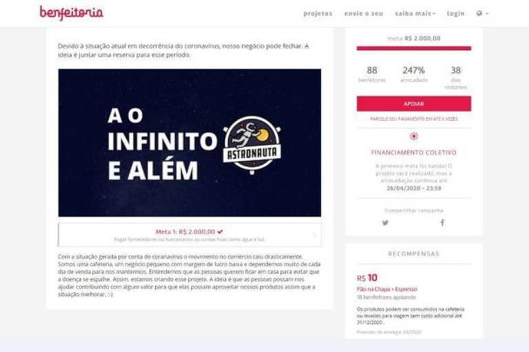 Astronauta Café, localizado na Vila Mariana, na zona sul de São Paulo, criou uma estratégia de 'compre agora e consuma depois'