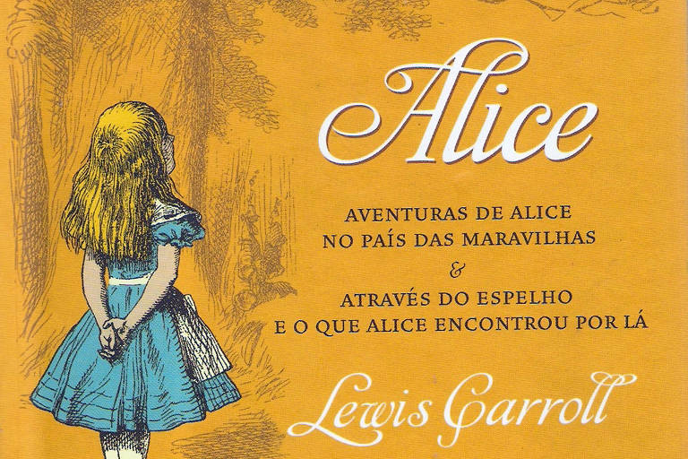 Capa do livro mostra alice, de vestido azul claro, de costas 