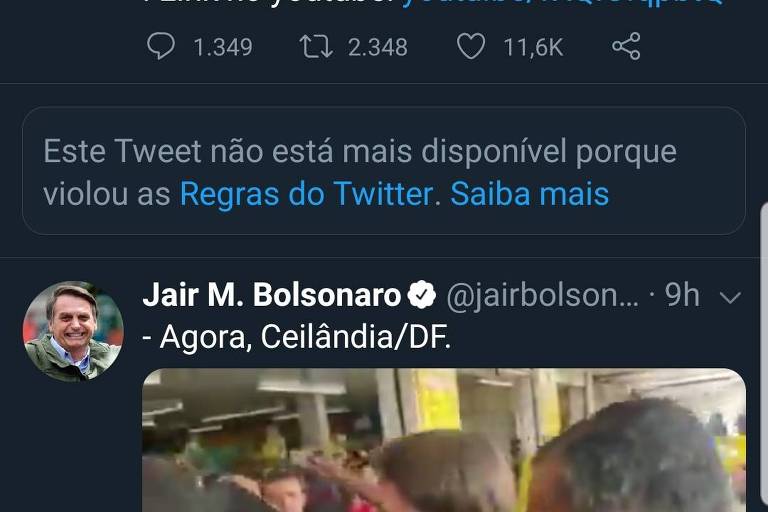 Reprodução de perfil de Bolsonaro no Twitter, com duas postagens apagadas