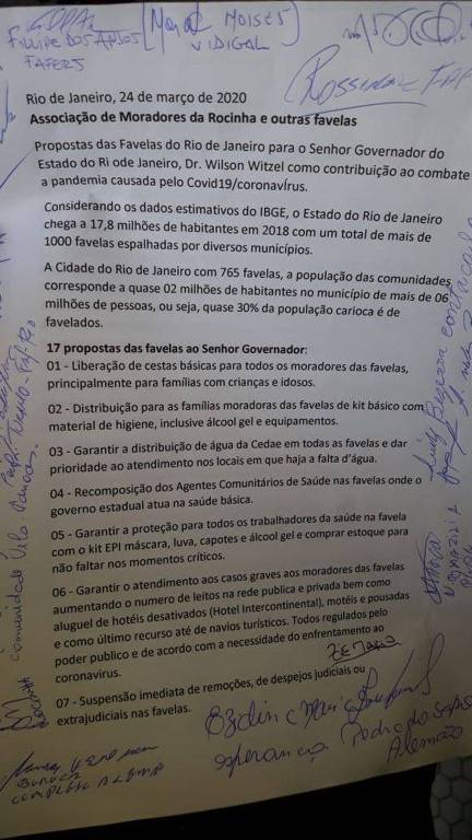 Associações de moradores apresentaram ao governador do Rio, Wilson Witzel, uma lista de propostas para o combate ao coronavírus nas favelas