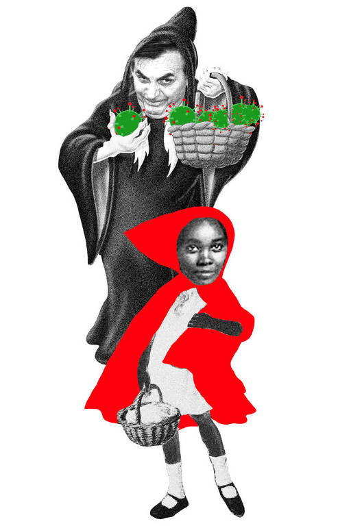 Colagem com o rosto de Jari Bolsonaro em um corpo de bruxa. Ela leva uma cesta cheia de vírus. Na frente, uma menina negra vestida de Chapéuzinho Vermelho
