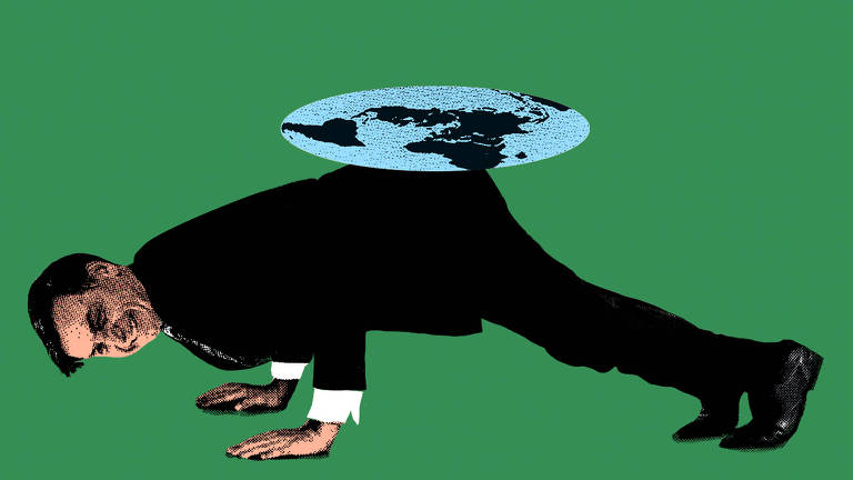Fotomontagem com efeitos gráficos de Jair Bolsonaro fazendo flexão com uma Terra plana em cima dele