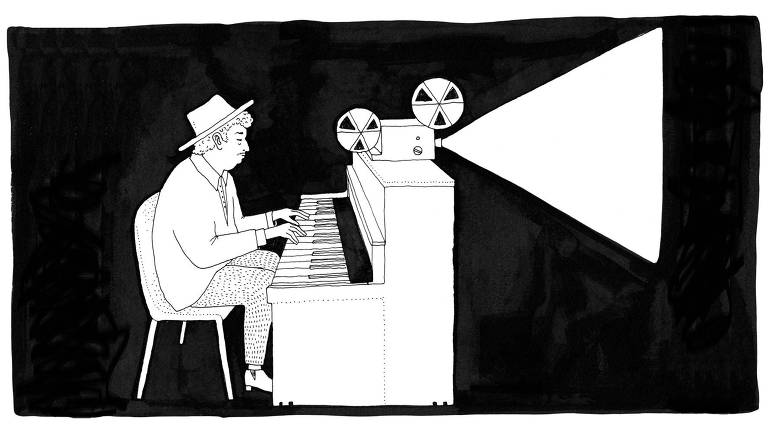Ilustração em preto e branco. Um homem vestindo chapéu, camisa, calça e sapatos está tocando piano. Em cima do piano, há um projetor que está funcionando e a luz forma um clarão para fora da imagem.