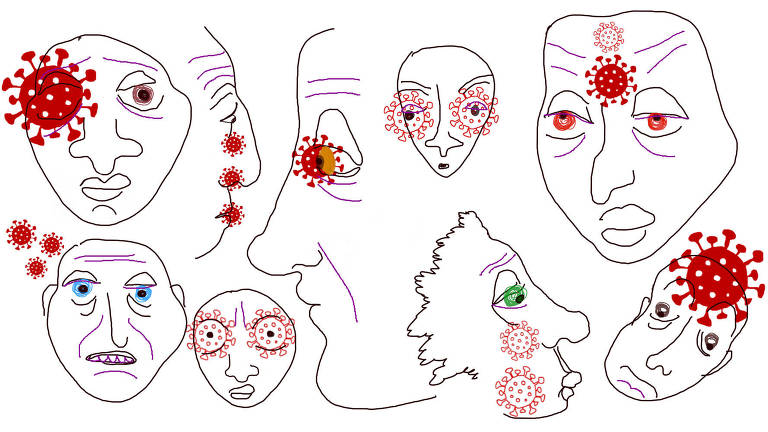 Ilustração de rostos em diversas posições e vírus em lugares difentes em cada um
