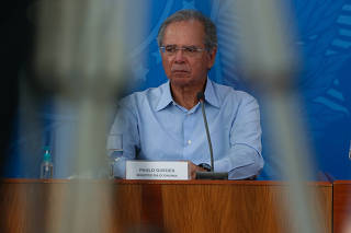 O ministro da Economia, Paulo Guedes, em entrevista coletiva