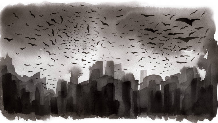 Ilustração em aquarela com uma cena de prédio alto de uma cidade com o céu cheio de pássaros pretos