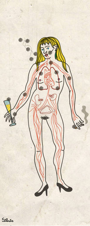 Ilustração de mulher com sistema circulatório e respiratório aparentes, como em uma figura de anatomia humana. Ela está segurando uma taça em uma mão e um cigarro na outra. Em volta, há vários vírus no ar.