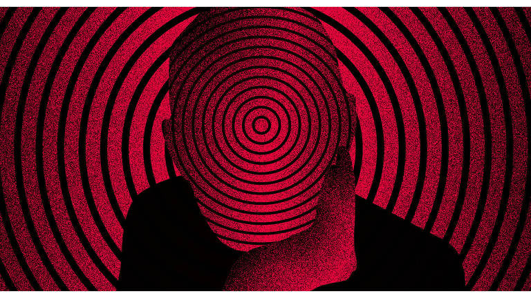 Ilustração de cabeça sem rosto com círculos concêntricos em preto e vermelho. O fundo também é preenchido pelos círculos pretos e vermelhos
