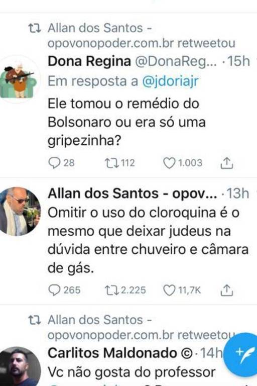 O blogueiro bolsonarista Allan Santos compara omissão de cloroquina a câmaras de gás que matou judeus