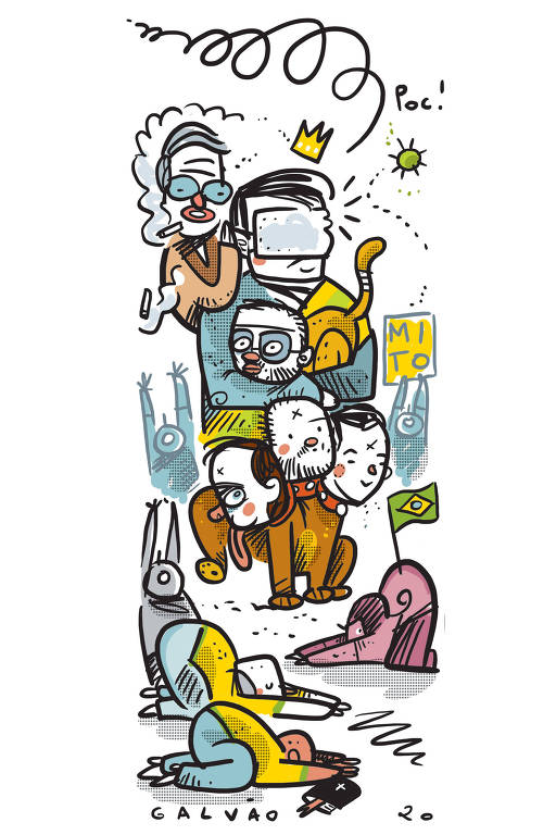 Ilustração de Jair Bolsonaro com a faixa presidencial e uma coroa flutuante cercado de figuras. Em destaque, Olavo de Carvalho está em seu ombro e segura uma máscara descartável que tapa os olhos de Bolsonaro, Abraham Weintraub em um corpo de gato está nos braços de Jair e um cérbero com as cabeças de seus filhos posiciado a frente dele. Ao redor desta cena, há vírus no ar, pessoas fazendo reverência, uma segurando um cartaz onde se lê MITO, uma com uma bandeira do Brasil e uma bíblia no chão.
