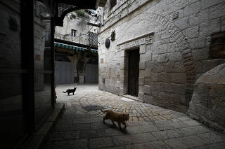 Cats walk next to a bronze sculpture by Italian artist Alessandro Mutto at one of the Stations of the Cross along the Via Dolorosa, amid the coronavirus disease (COVID-19) outbreak in Jerusalem's Old City