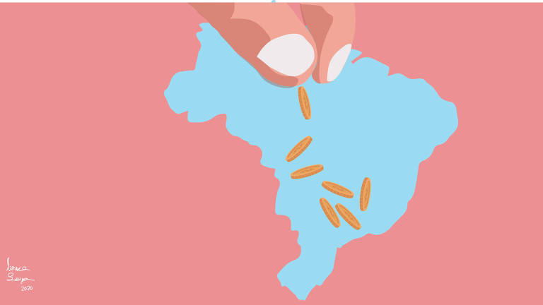 Ilustração de de dois dedos (indicador e polegar) derrubando moedas na frente do mapa do Brasil