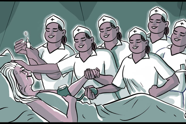 Ilustração de uma mulher de cabelos brancos deitada em uma cama hospitalar rodeada 6 enfermeiras
