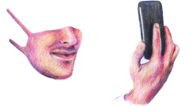 Na ilustração, um rosto com formato de máscara de proteção faz uma selfie 
