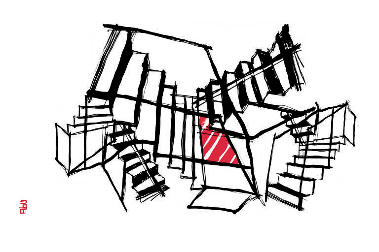 Várias escadas desenhadas em preto se entrelaçam, como numa imagem de Escher. No cruzamento entre elas, se forma um polígono vermelho.