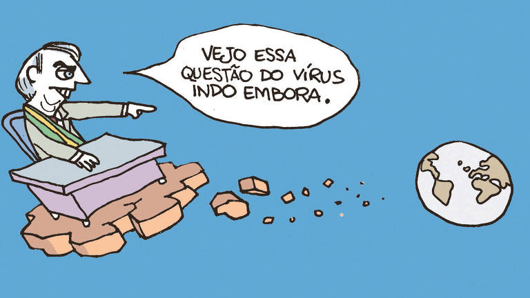 Charge Laerte publicada na Folha no dia 14 de abril de 2020, nela o presidente Bolsonaro, flutua no espaço sentando na cadeira atrás de uma mesa, apontando para terra diz vejo essa questão do vírus indo embora.