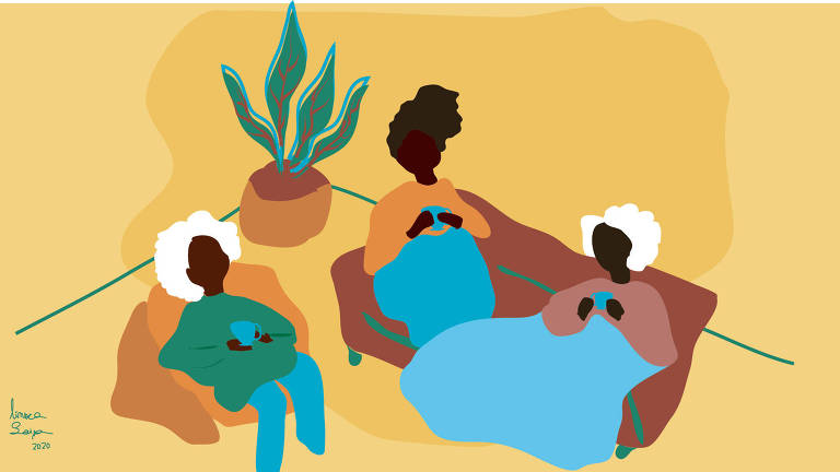 Ilustração de três mulheres negras sentadas em uma sala de estar. Duas tem cabelos brancos e uma não, as três estão com cobertores no colo e cada uma com uma caneca nas mãos