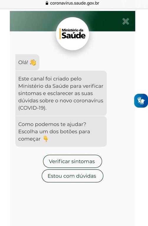 Interface do canal do Ministério da Saúde sobre o novo coronavírus