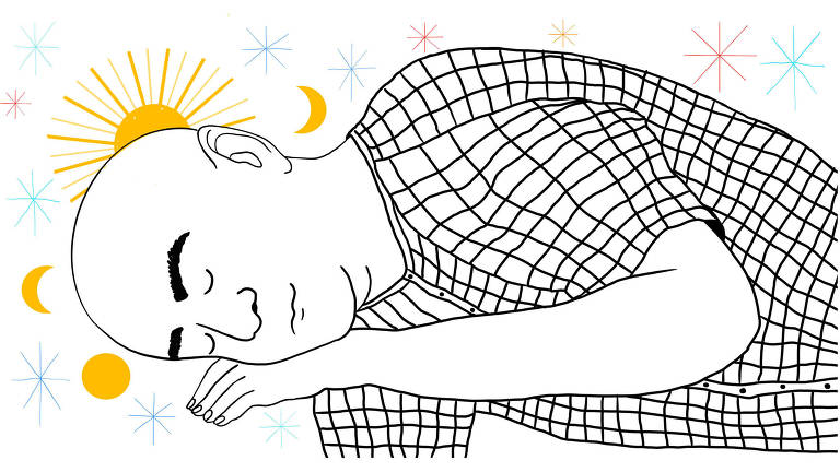 Ilustração de pessoa careca deitada com os olhos fechados. No fundo, há estrelas e luas