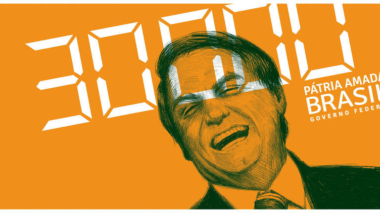 Ilustração de Jair Bolsonaro rindo. O número "30000" e "Pátria amada Brasil"estão escritos em cima da imagem
