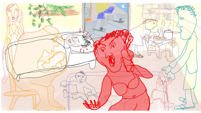 Ilustração de cenas do cotidiano de uma família em casa sobrepostas