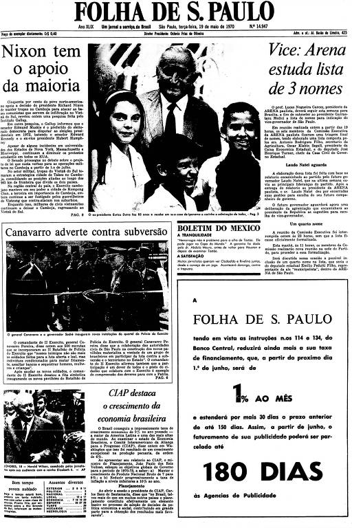 Primeira Página da Folha de 19 de maio de 1970