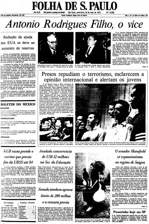 Primeira Página da Folha de 25 de maio de 1970
