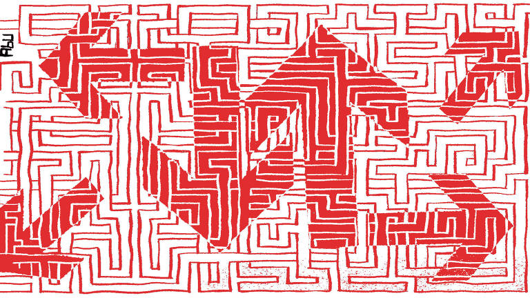 Ilustração Angelo Abu publicada na Ilustrada no dia 21 de abril, nela um labirinto vermelho, e segundo plano setas grandes.