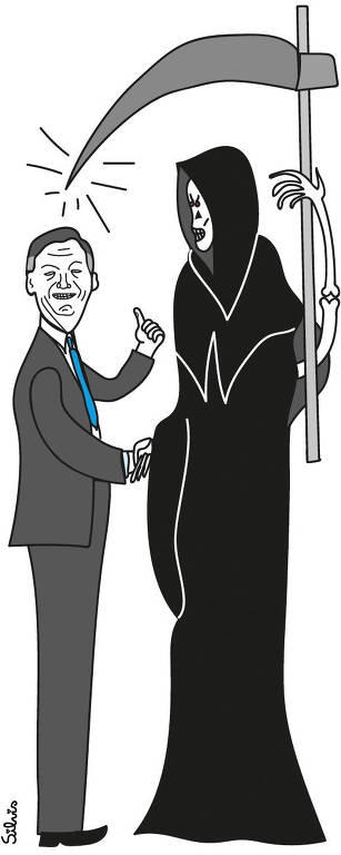 Ilustração Silvia Rodrigues publicada na ilustrada na coluna da Manuela Cantuaria, nela um presidente Bolsonaro aperta a mão da morte.