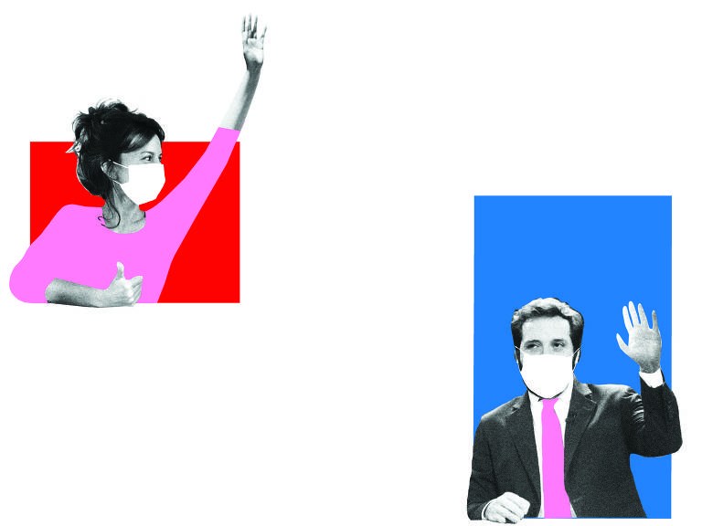 Ilustração Catarina Bessel  para coluna do Gregorio publicada na Folha no dia 22 de abril. Nela autoretrato da ilustradora Cataria Besse com a mão esquerda levantada, usa mascara, ao lado direito o colunista Gregorio com a sua mão esquerda levantada, usa mascara