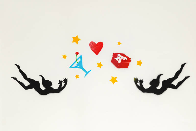 Ilustração do grafiteiro Ozi mostra duas silhuetas femininas, uma taça, um coração e um presente