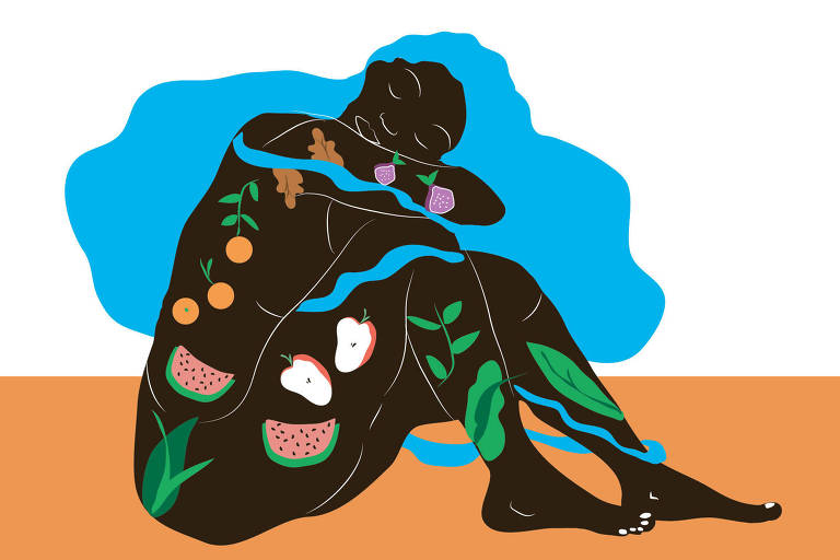 Ilustração de mulher negra sentada com os braços e a cabeça apoiados sobre os joelhos. Ela tem cabelos compridos e volumosos azuis e frutas estampadas pelo corpo