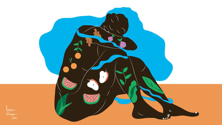 Ilustração de mulher negra sentada com os braços e a cabeça apoiados sobre os joelhos. Ela tem cabelos compridos e volumosos azuis e frutas estampadas pelo corpo