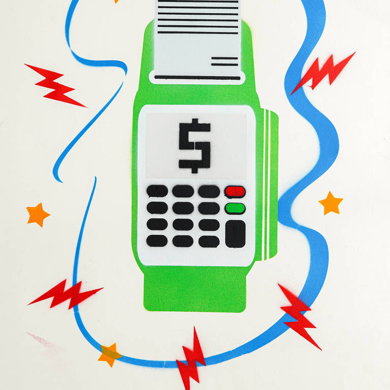 Ilustração colorida mostra uma maquininha de cartão de crédito com o símbolo de cifrão no centro da tela e o recibo da compra. Ao redor dela há desenhos de raios e estrelas e uma linha azul 