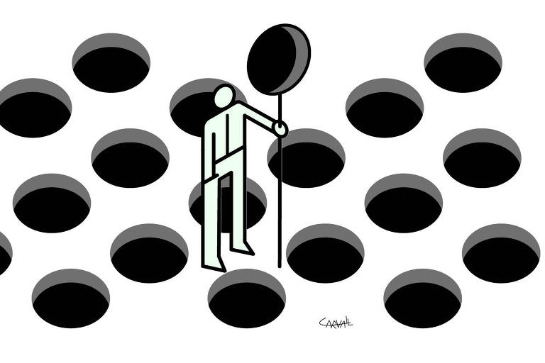 Ilustração Carvall ombudsman publicada no dia 26 de abril de 2020, nela o desenho de um pictograma ao centro e a sua volta buracos