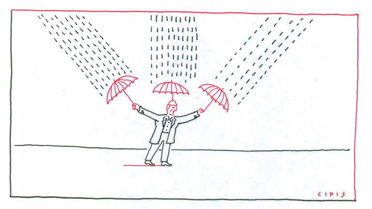 Ilustração Cipis da coluna do Armínio publicada no dia 26 de abril, nela um homem se protegendo da chuva com três guarda chuvas, um na mão direita, esquerda e um sobre a cabeça.