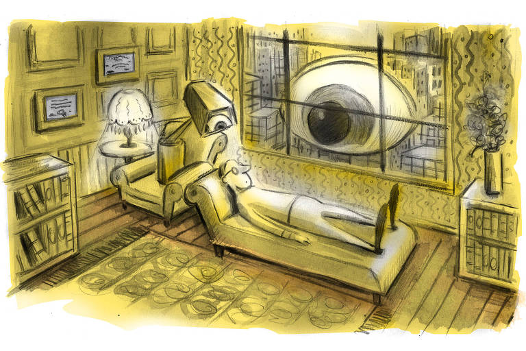 Ilustração em tons amarelos representa um homem de óculos deitado sobre um divã. Sobre sua cabeça uma câmera de vigilância com um olho o observa. Pela janela um grande olho o observa pela janela pairando sobre a cidade do lado de fora