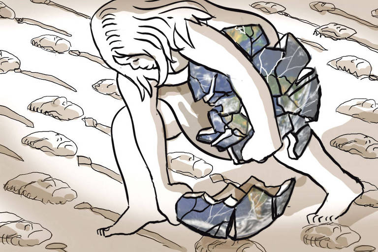 Ilustração de uma mulher segurando o planeta Terra em pedaços