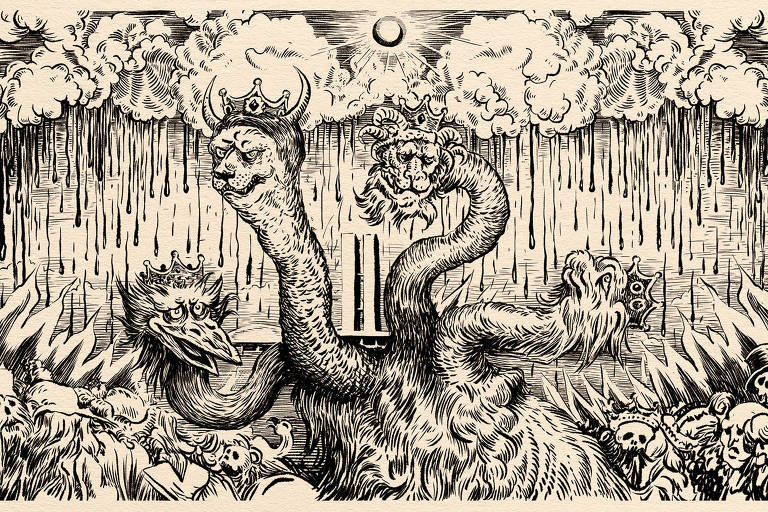 Ilustração de criatura de quatro cabeças com o Palácio dos Planaltos ao fundo