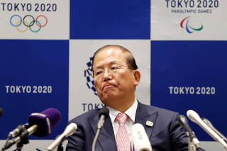 Toshiro Muto, Tokyo 2020 Organizing Committee Chief Executive Officer, attends a news conference after Tokyo 2020 Executive Board Meeting in Tokyo