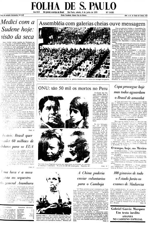 Primeira Página da Folha de 6 de junho de 1970