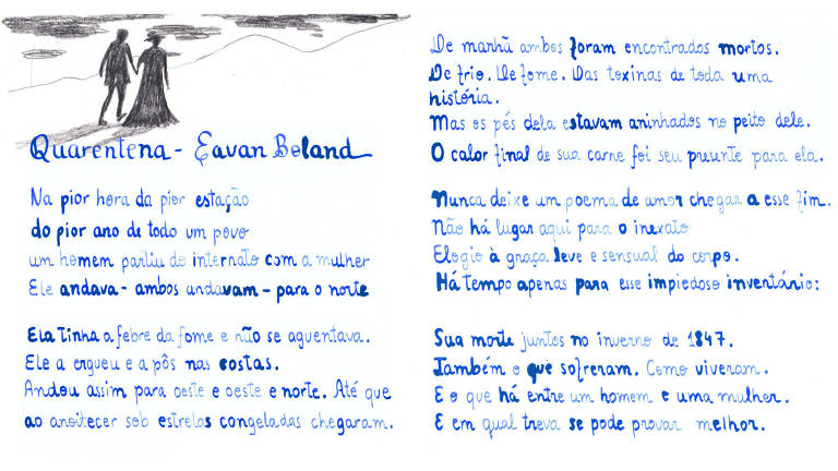 Ilustração com o poema Quarentena - Eavan Boland em letras manuscritas em tinta azul. No canto esquerdo superior, há um casal andando de mãos dadas em direção ao horizonte