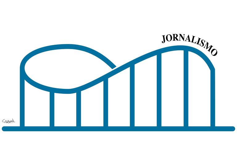 Ilustração em azul de uma montanha-russa. Acima, a palavra "jornalismo"