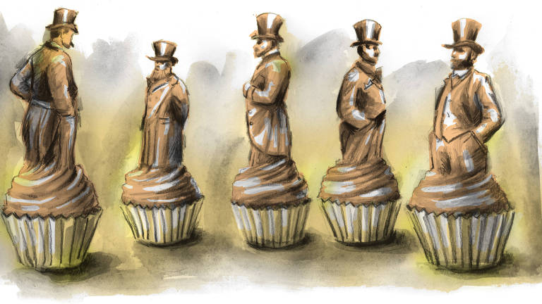 Desenho estilizado de homens de chapéu e terno  fazendo parte de um cupcake