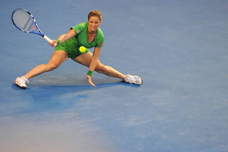 Kim Clijsters em ação na final do Australian Open de 2011, contra a chinesa Na Li