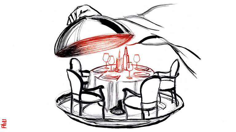 Ilustração de cloche sendo aberta e revelando uma mesa de jantar com pratos, guardanapos, taças e vela.  Há quatro cadeiras em volta da mesa 