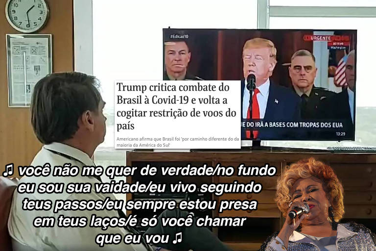imagem de Donald Trump e Jair Bolsonaro com sobreposição de imagem da cantora Alcione e letras de suas músicas