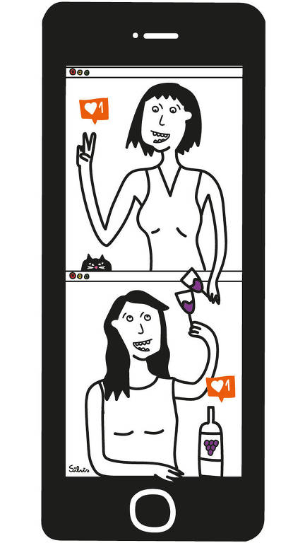 Ilustração de um smartphone com a tela dividida ao meio, uma mulher levanta uma taça em cada uma das metades